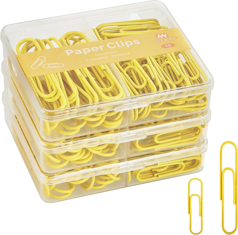NEEWAY Colorful Paper Clips Assorted Sizes, Small and Large Paper Clips, 210 Count, 3 Pack of 70 (Yellow) - Image 1